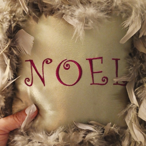 Noel Satin Christmas Pillow w/feathers, 9" x 9", Sage Green/Purple - Picture 3 of 4